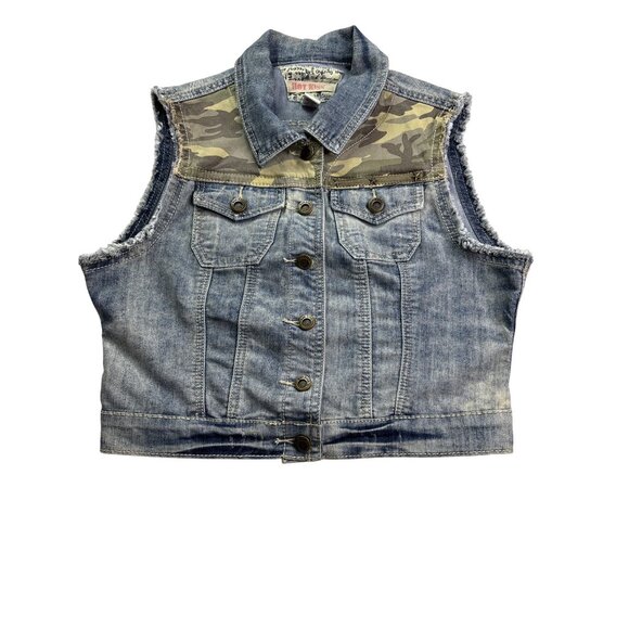 Hot Kiss Juniors Camouflage Denim Vest M Vtg Y2K Button Front Camouflage Camo - Picture 3 of 6